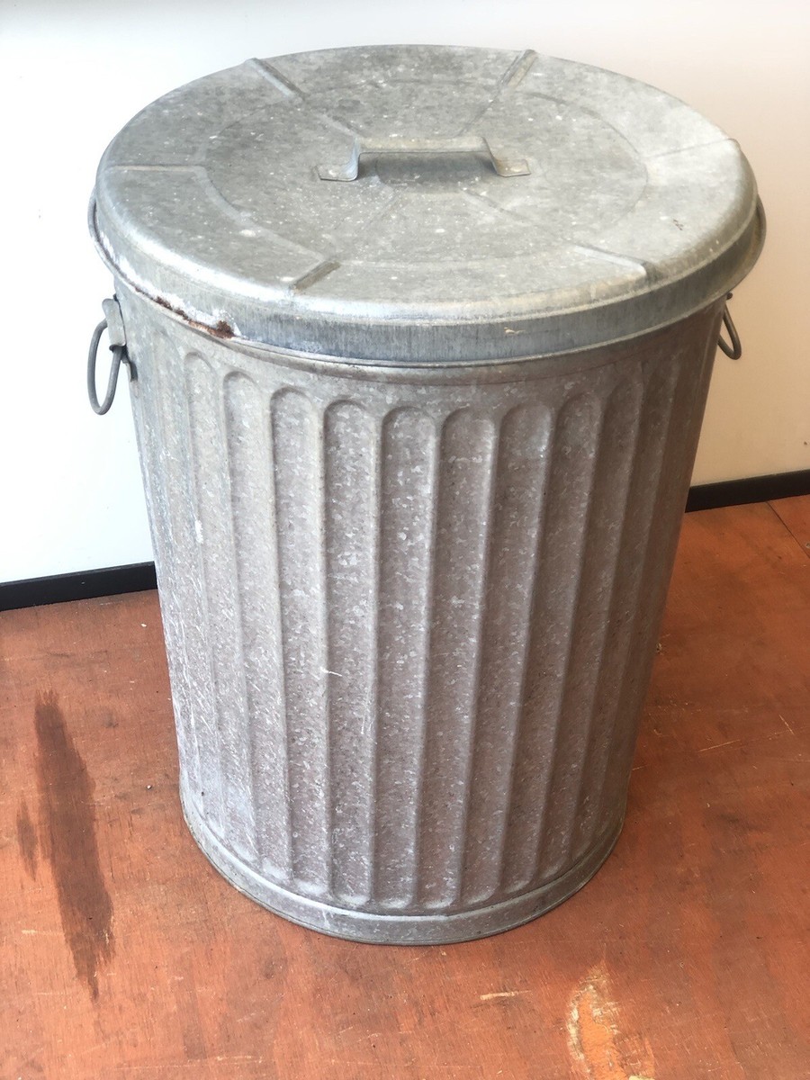 Vintage Galvanized Metal Steel Garbage Can Trash Bin Industrial