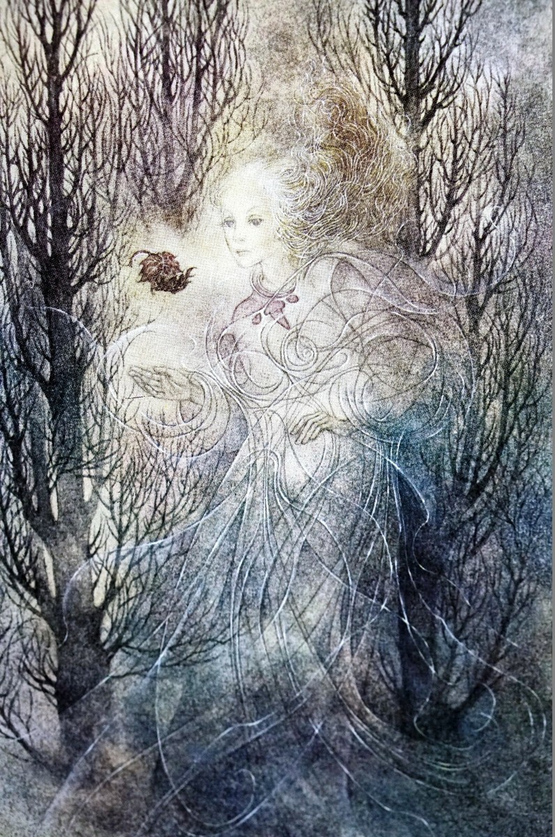 Sulamith Wulfing 1978 GIRL in AUTUMN FOREST FALLING LEAF Vintage