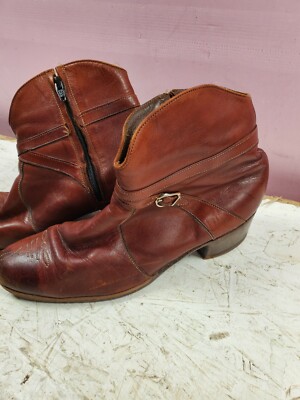 Vintage 60s 70s Florsheim Brown Ankle Boots Zip Up Mod Disco