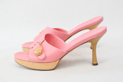 CHANEL Leather Open Toe Mules Heels 38 7 Pink Buckle CC Logo 2004