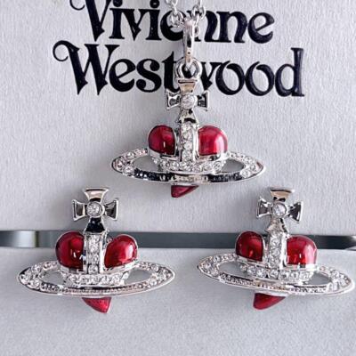 Vivienne Westwood Diamante Heart Necklace Earrings Set Red Silver