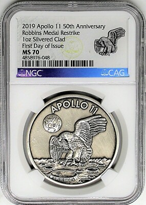 2019 Apollo 11 50th Anniv 1oz Silvered Clad Robbins Medal Restrike