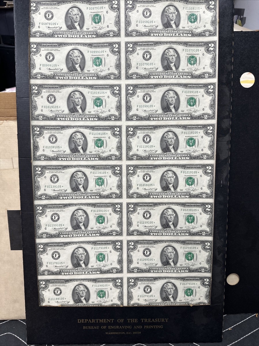 1976 Uncut, Sheet of 16, $2 Two Dollar Bills Bicentennial Year | eBay