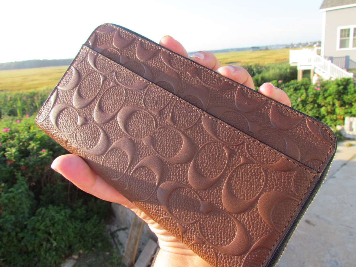 NEW COACH leather wallet 24667 mens brown zip around accordion