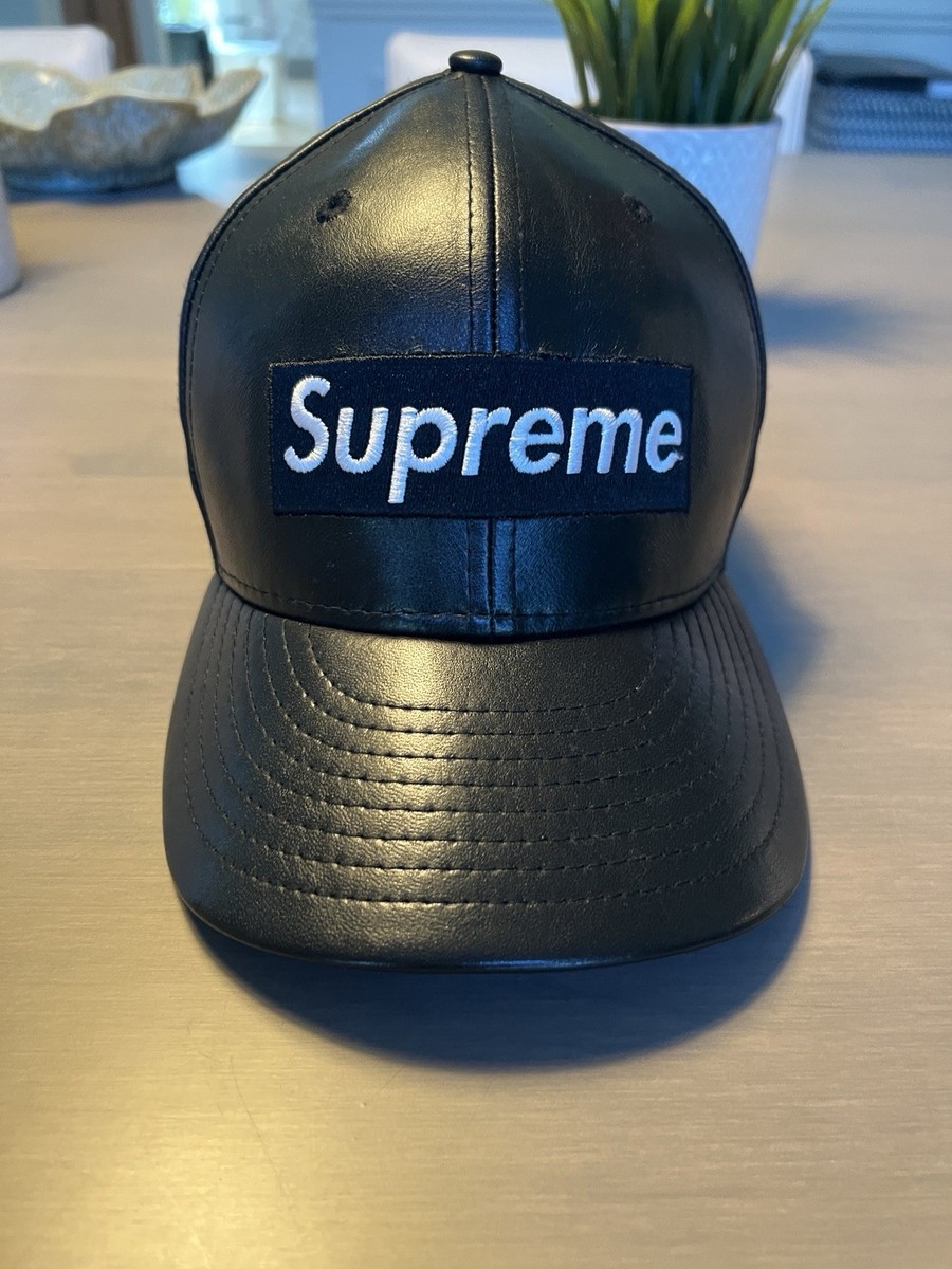 Supreme Black Leather New Era Box Logo Hat FW15 release 7 5/8