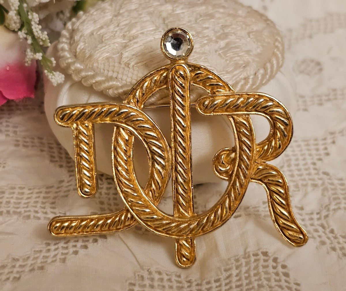 Vintage CHRISTIAN DIOR 1980's Gold Plated Rhinestone Logo Monogram