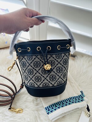 NWT Tory Burch Classic Navy T Monogram Jacquard MINI Bucket Bag