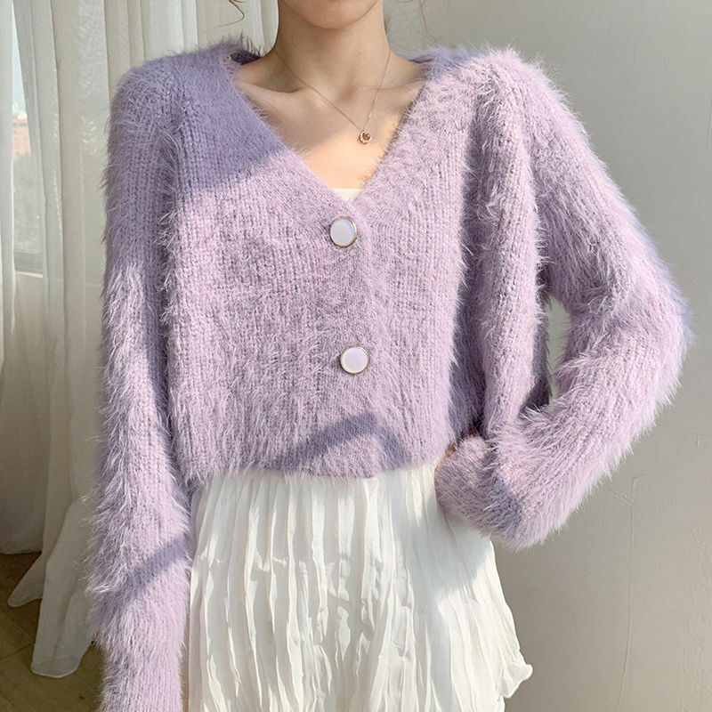 Lady Faux Mohair Knitted Short Sweater Warm Cardigan Fluffy Jumper