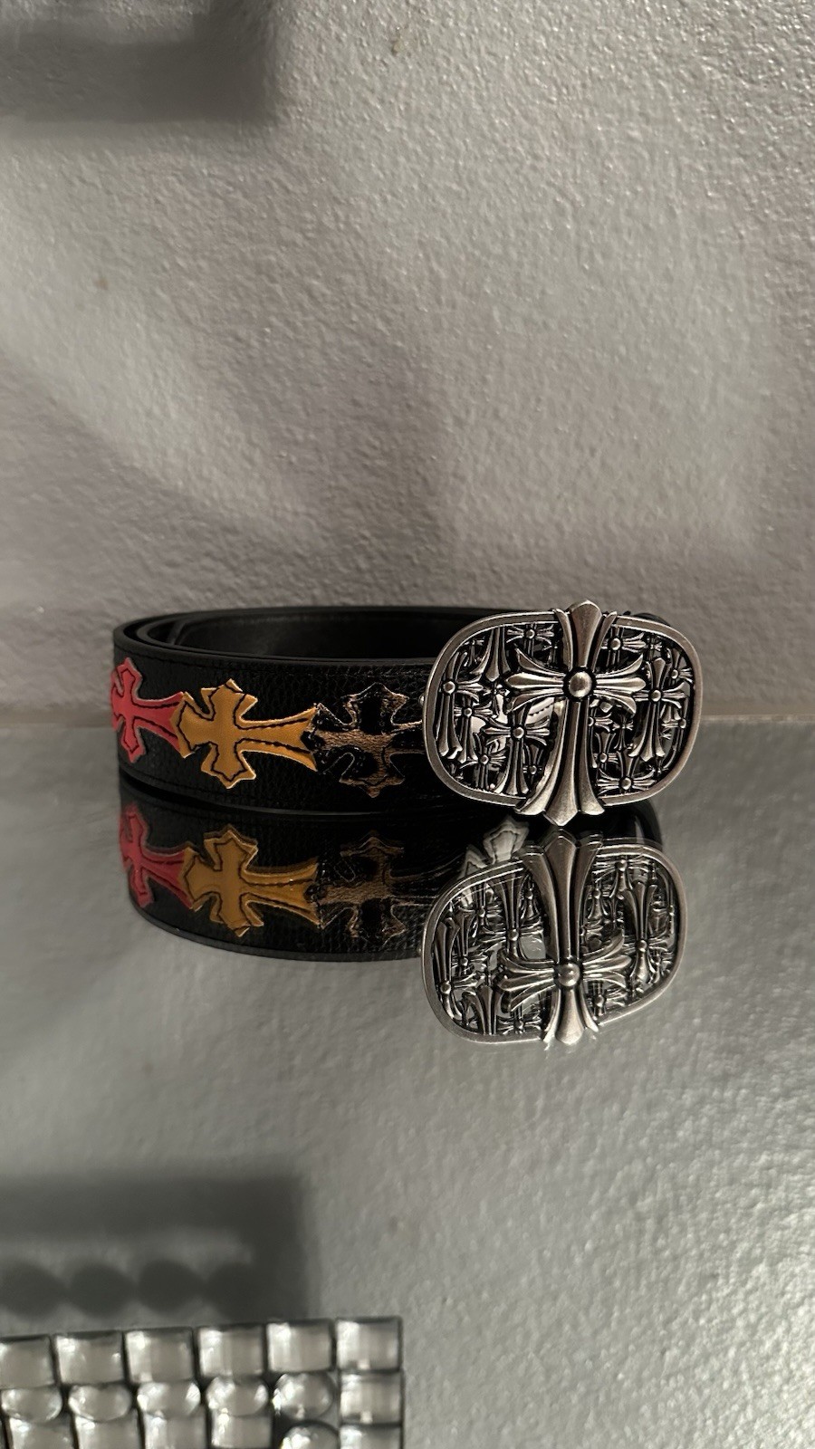 Chrome Hearts style black leather belt w/ silver chrome buckle w