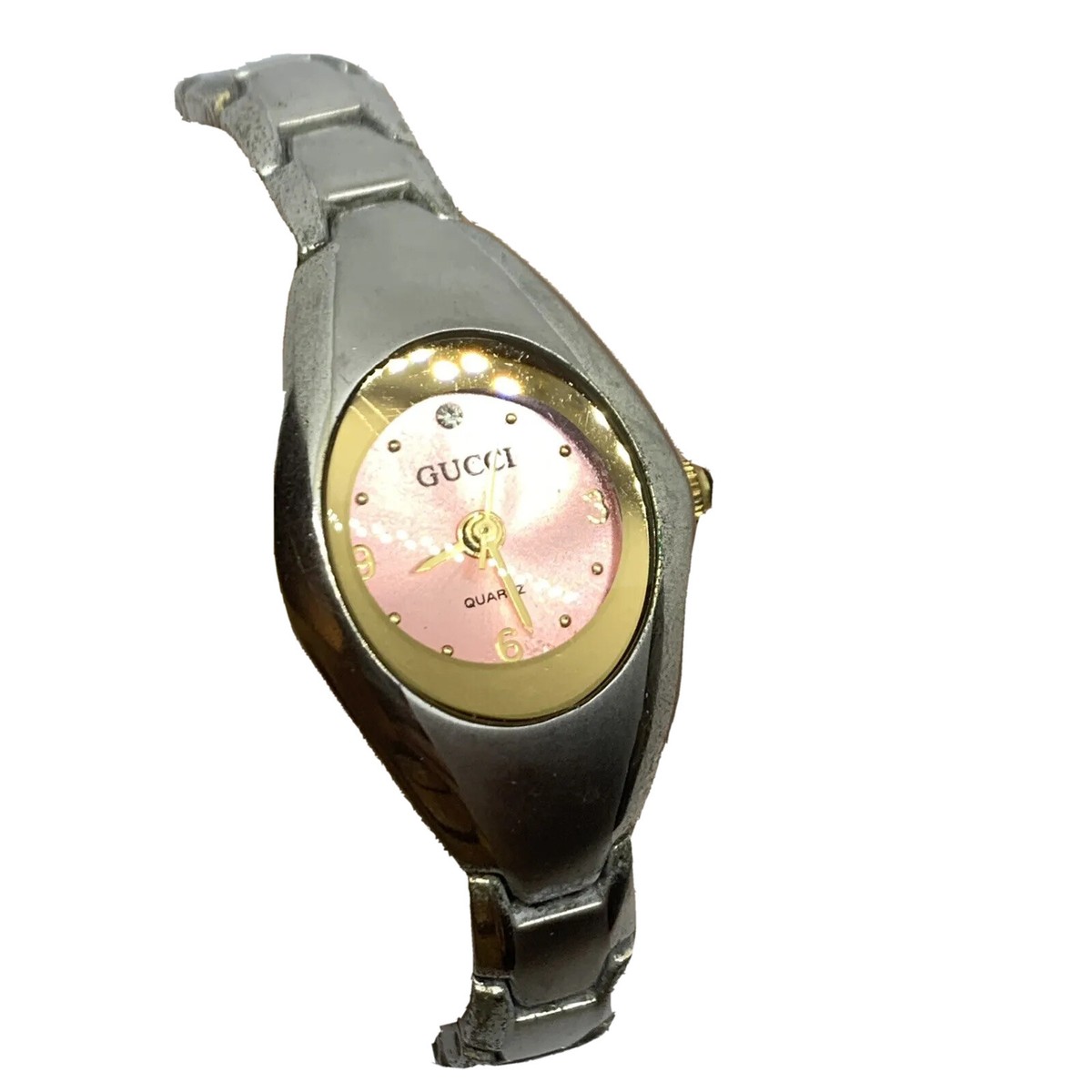 Vintage GUCCI Quartz Women's Watch Pink Face Silver Tone Pro
