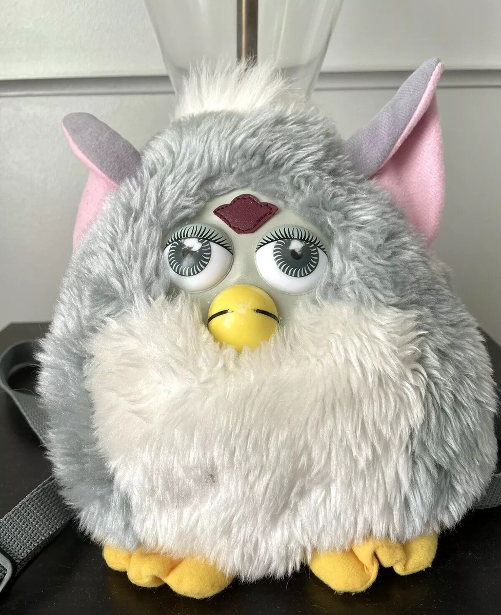 Vintage Furby Rare Grey & White Plush Backpack Adjustable Straps
