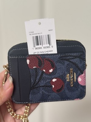NWT Coach CZ468 Zip Card Case Signature With Cherry Mini Wallet