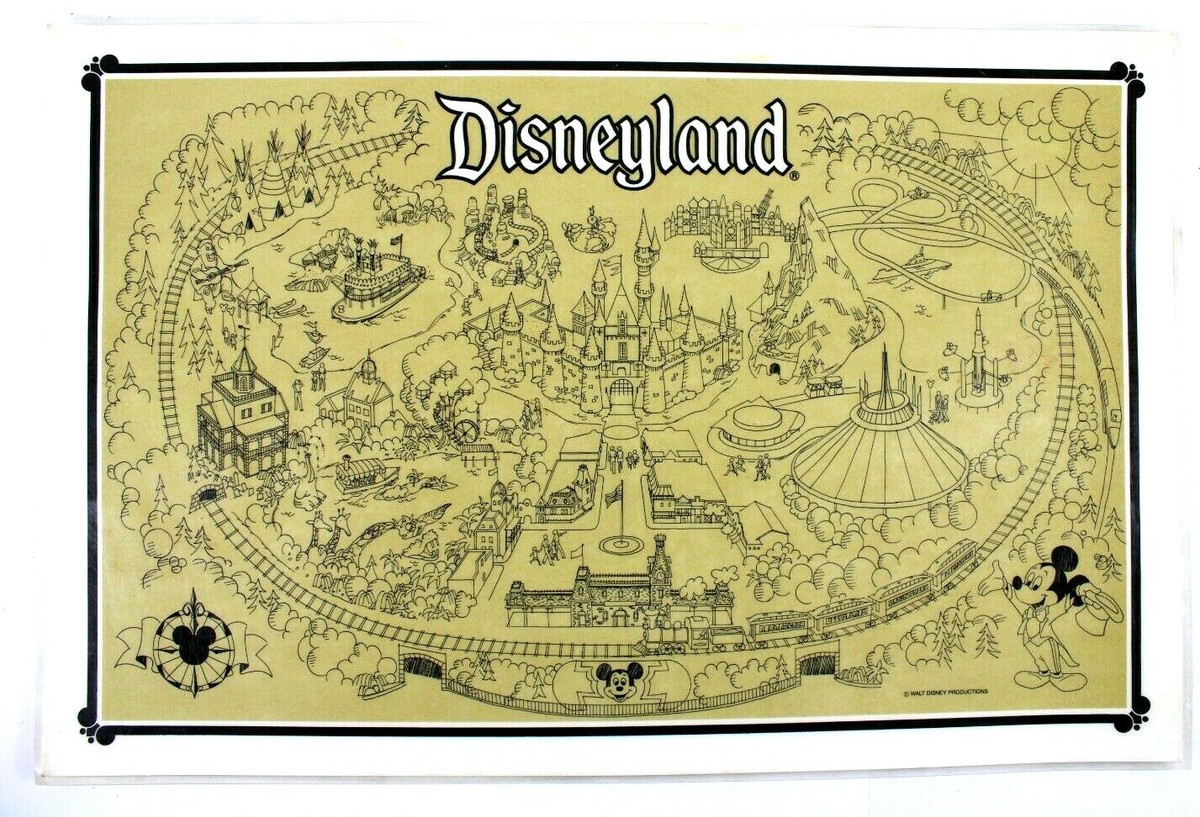 Vintage Disney Wall Map Walt Disneyland Poster Guide Original Art