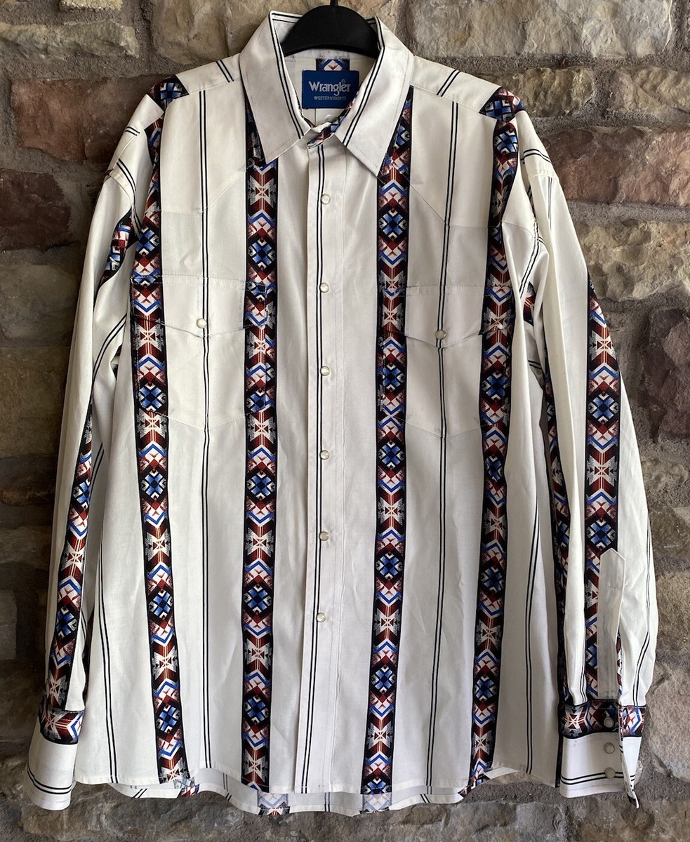 Wrangler Western Shirts Red White Blue Aztec Stripe Pearl Snap L