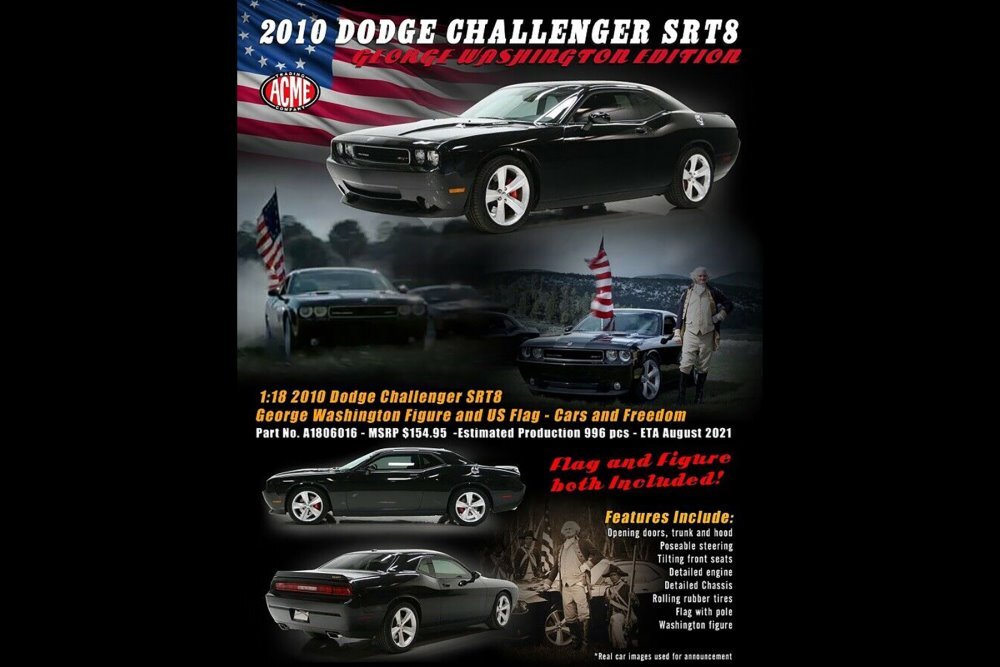 2010 DODGE CHALLENGER SRT8 W/ GEORGE WASHINGTON FIGURINE 1/18