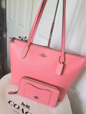 Coach Zip Top Tote & Wallet Crossgrain Leather Pink Lemonade