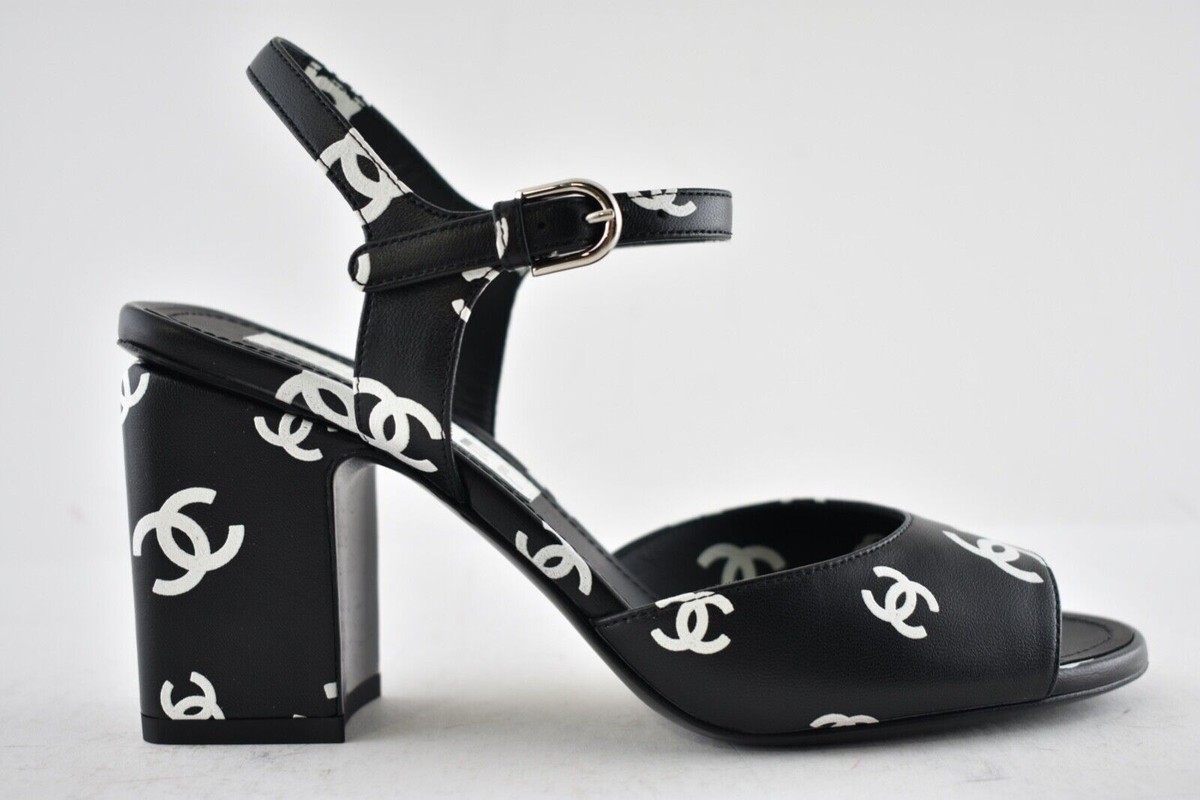 Chanel 22S Black White Printed Lambskin CC Logo Ankle Strap Block