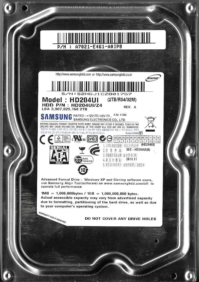 Samsung HD204UI 2TB Sata Hard Drive P/N: A7021-E461-A0IP8 F/W