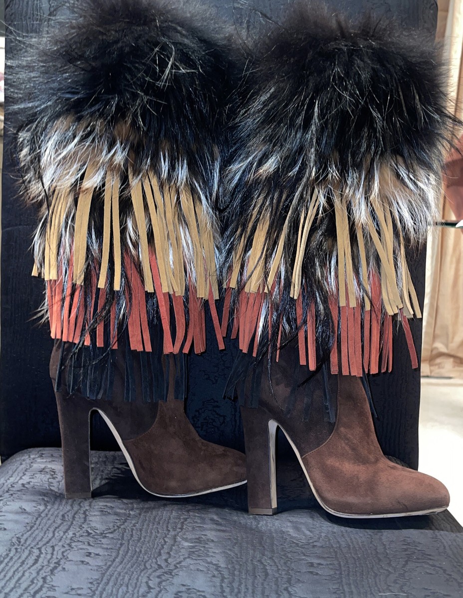 Jimmy Choo Dalia Brown Suede Fringe w/Fox Fur Trimmed Boots Sz EU