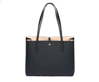 New Tory Burch BLAKE Black Pebbled Leather Medium Center Zip Tote