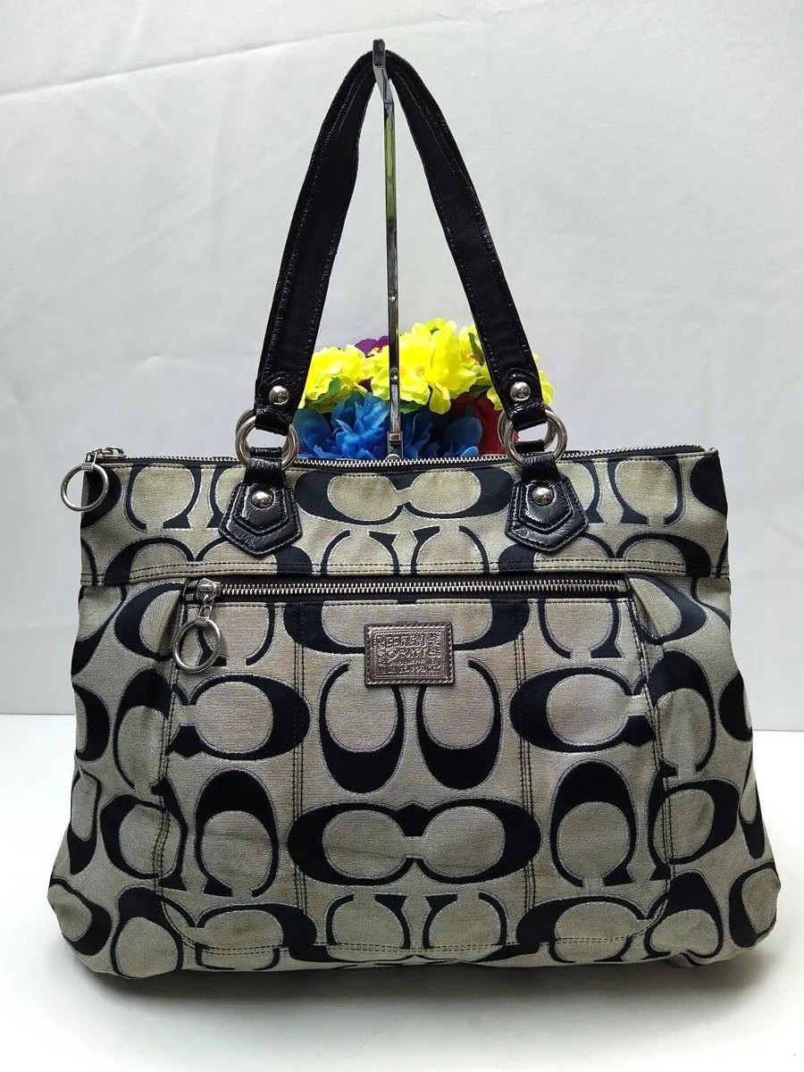 Coach Poppy Signature Black Gray Canvas Zipper Closure Tote