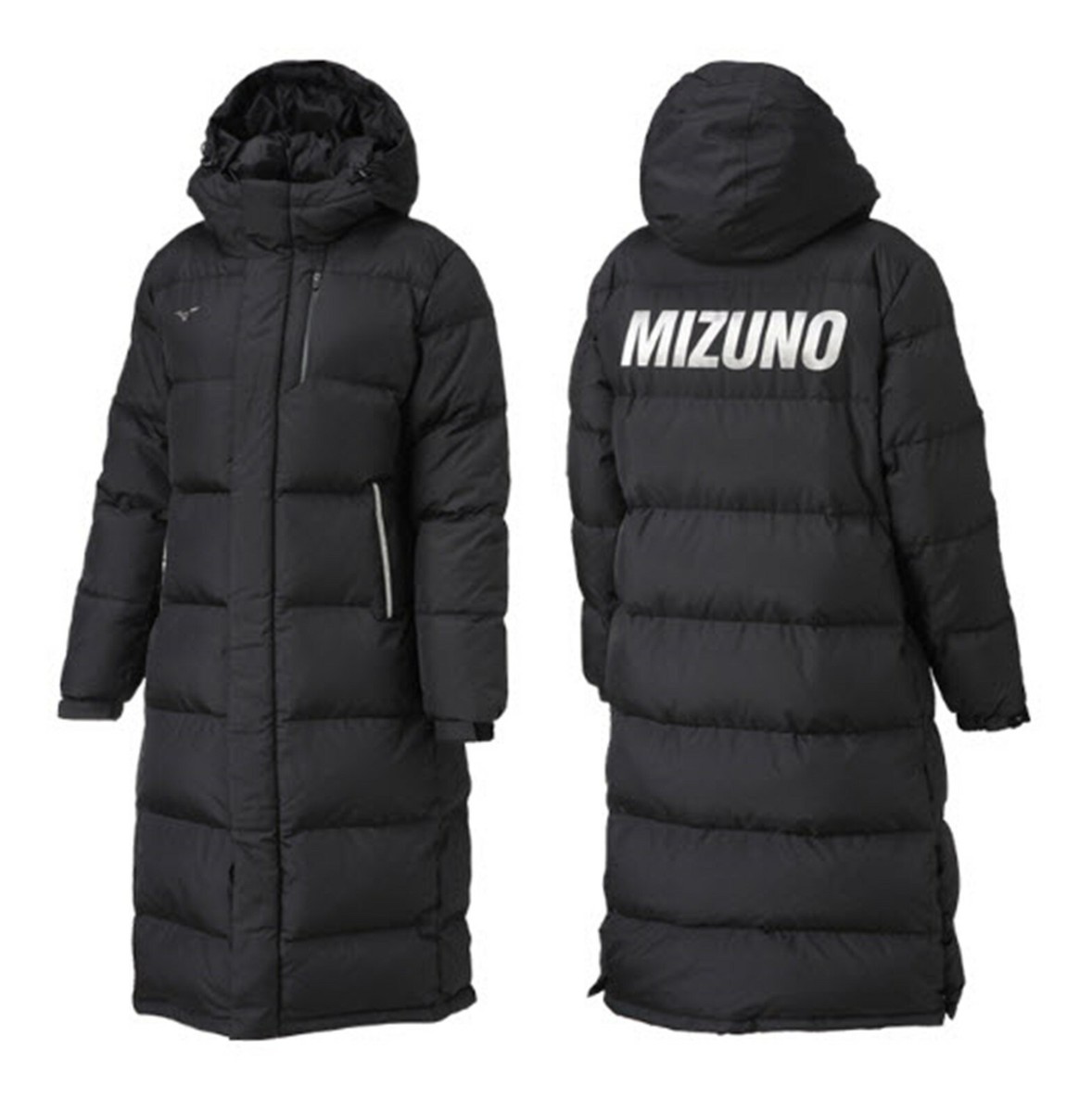 Mizuno Bench Long Coat Padded Jacket Black Winter Hood Duck GYM