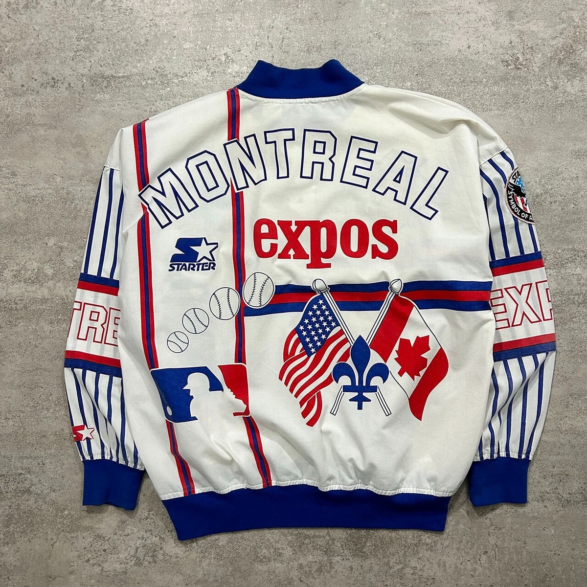 VTG 80s 90s MLB MONTREAL EXPOS STARTER PULLOVER JACKET AOP SIZE XL
