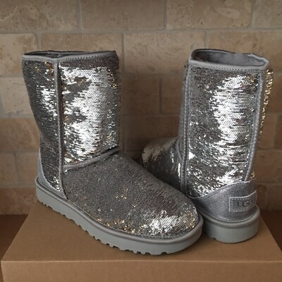 UGG Classic Short Cosmos Sequin Silver Gold Sheepskin Boots Size