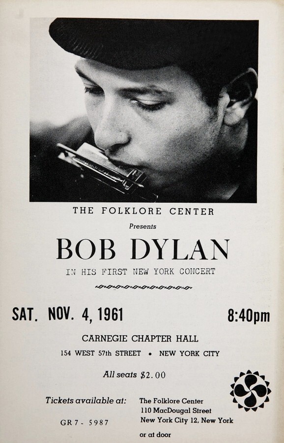 Bob Dylan 1961 1st official Concert Poster remastered New York