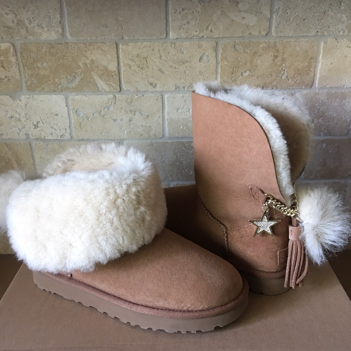 UGG Classic Charm Star Bling Pom Chestnut Short Ankle Mini Boots
