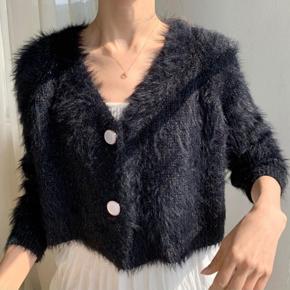 Lady Faux Mohair Knitted Short Sweater Warm Cardigan Fluffy Jumper