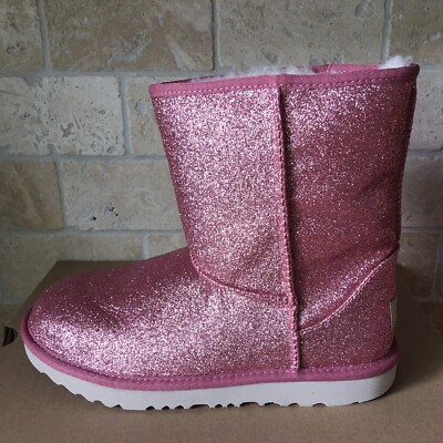 UGG Classic Short II Glitter Sparkle Pink Boots Youth Kids Girls 5