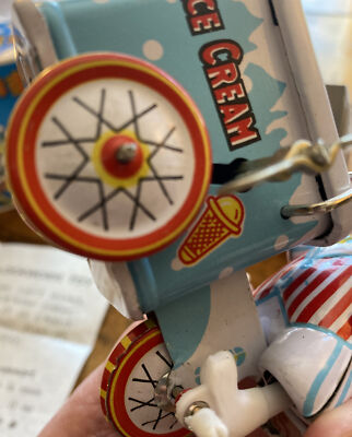 Vintage Tin Toy Clockwork Wind Up Ice Cream Cart Boy Vendor Pedal