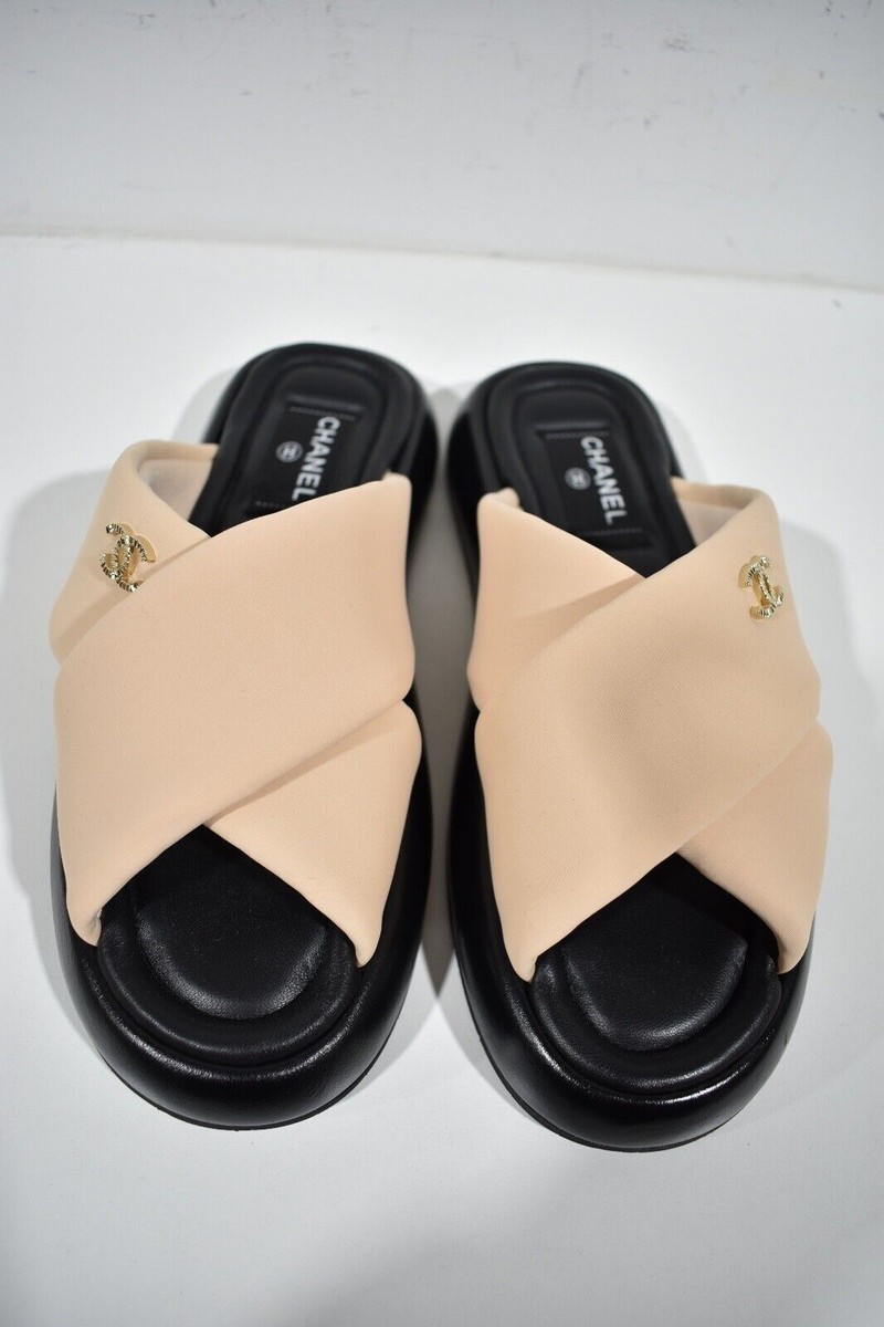 Chanel Beige Black Fabric Criss Cross Puffy CC Logo Slide Mule