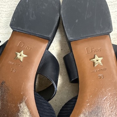 CHRISTIAN DIOR D-Dior Black Canvas Leather Pointed Toe Gold Flat