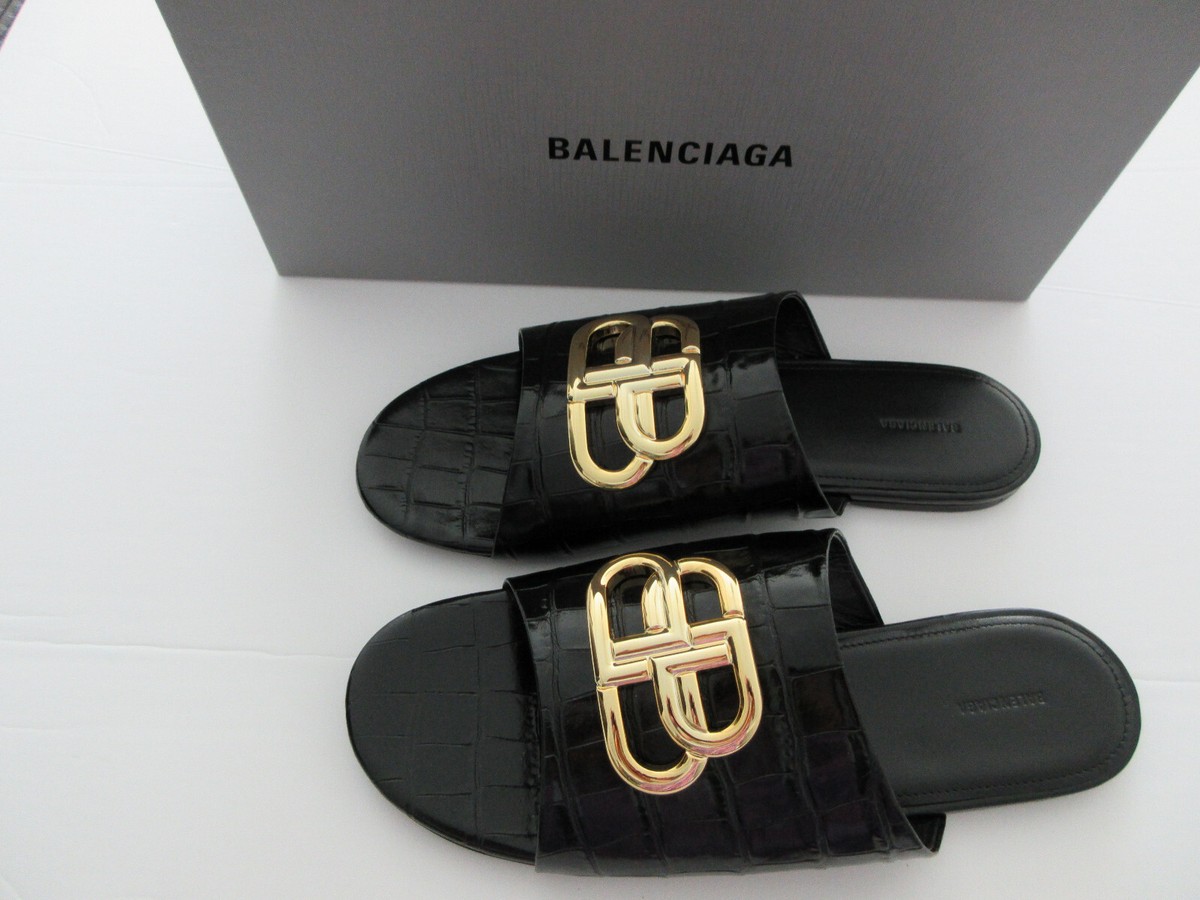 NEW BALENCIAGA Oval GOLD BB Mule Sandal In Black Leather 40 10 | eBay