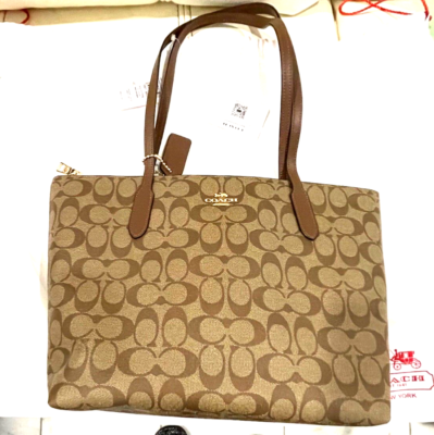 NWT COACH Signature Coated Canvas Zip Shoulder Tote Bag,/Saddle