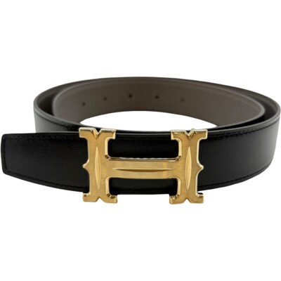 Auth HERMES Constance Guilloche Carving Z Stamp 80 Belt Black
