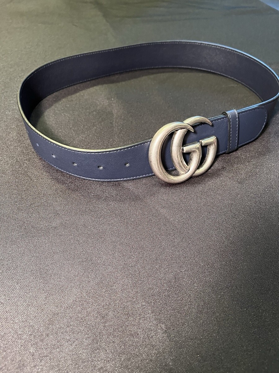 $540 GUCCI MARMONT BELT MONOGRAM GG G BLUE LEATHER 397660 80cm 32