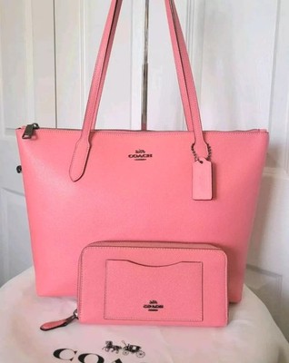 Coach Zip Top Tote & Wallet Crossgrain Leather Pink Lemonade