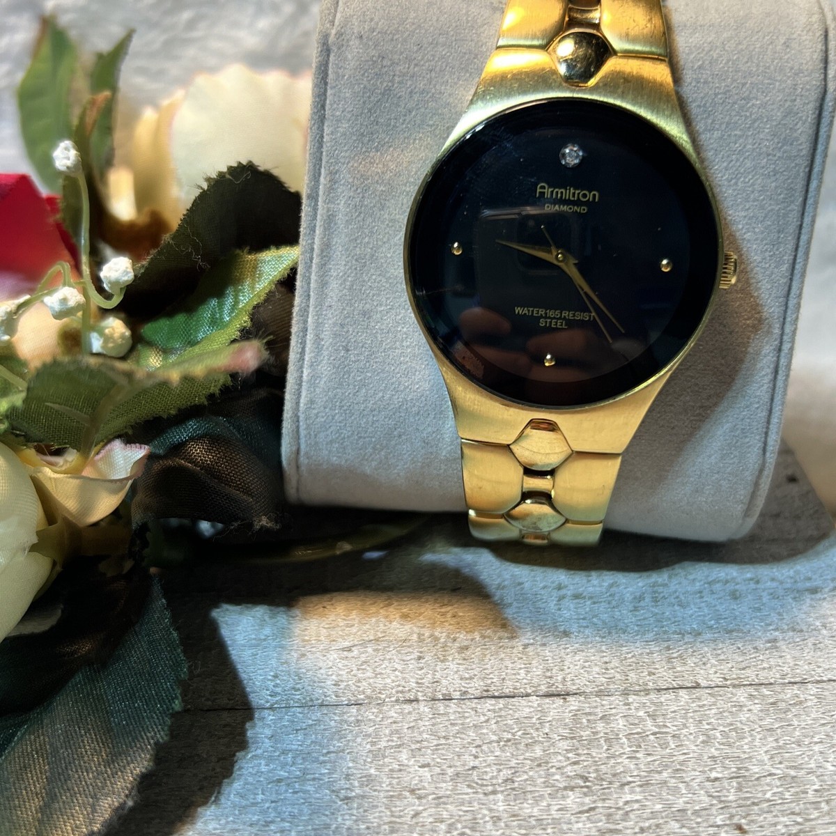 embassy Gruen gold tone black face Men's Diamond Quartz watch GEM