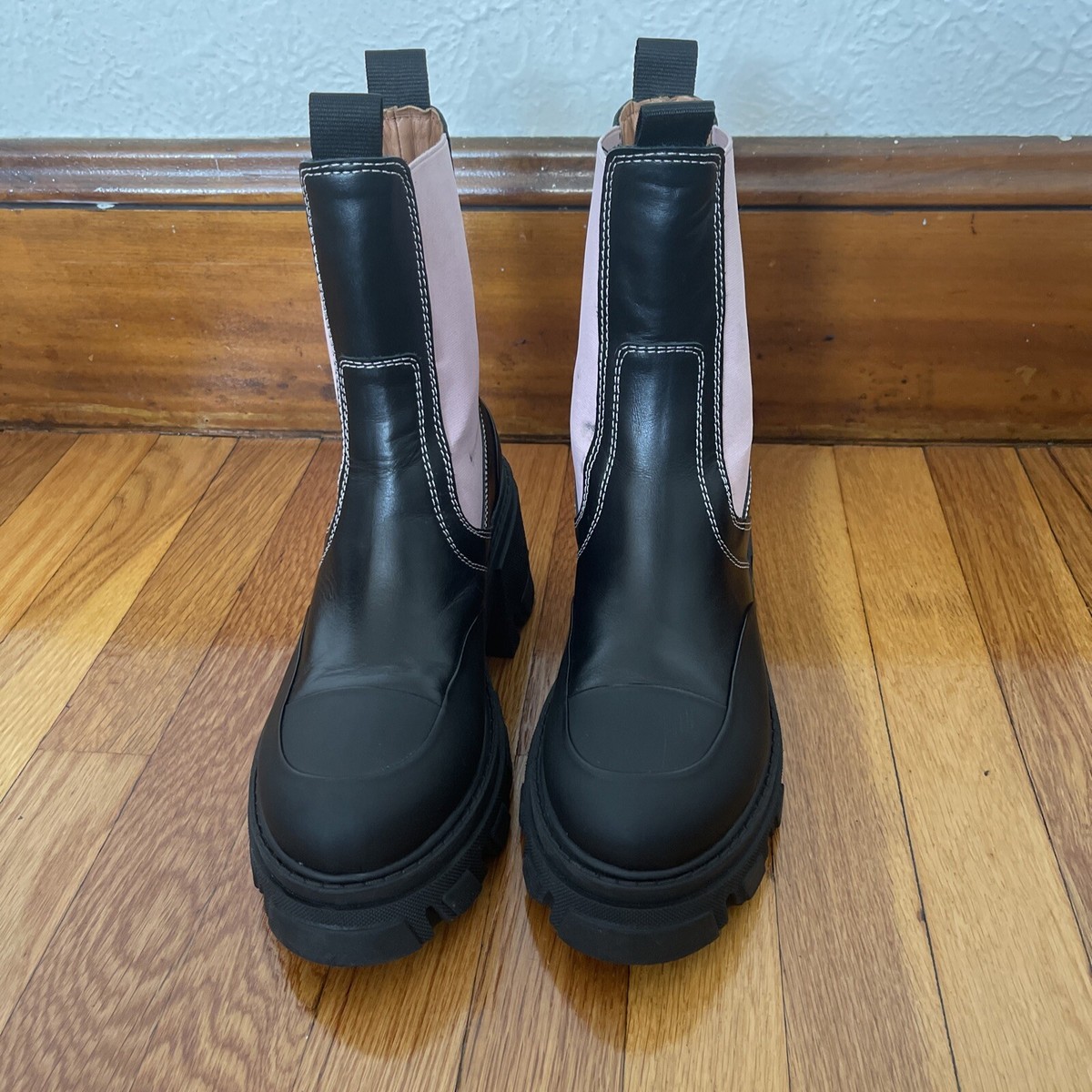 GANNI Black Pink Leather Mid-Calf Chunky Rubber Sole Chelsea Boot