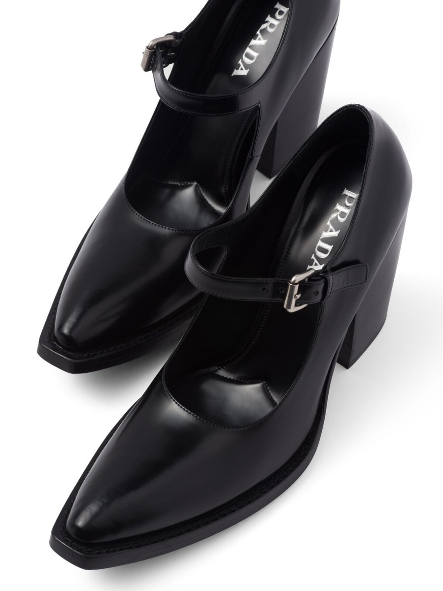Prada Women's Black Leather Mary Jane Block Pump Heel Shoes Size