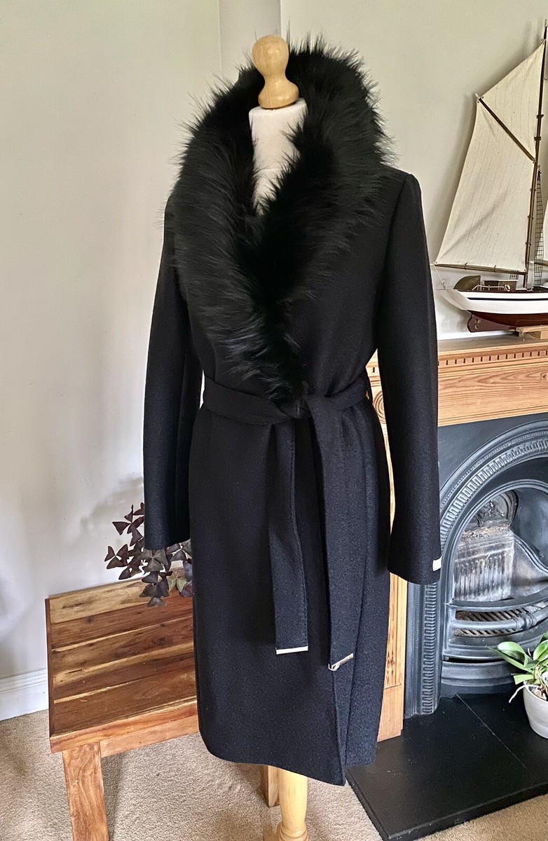 Ted Baker Corinna Black 100% Wool Faux Fur Collar Wrap Belted Coat
