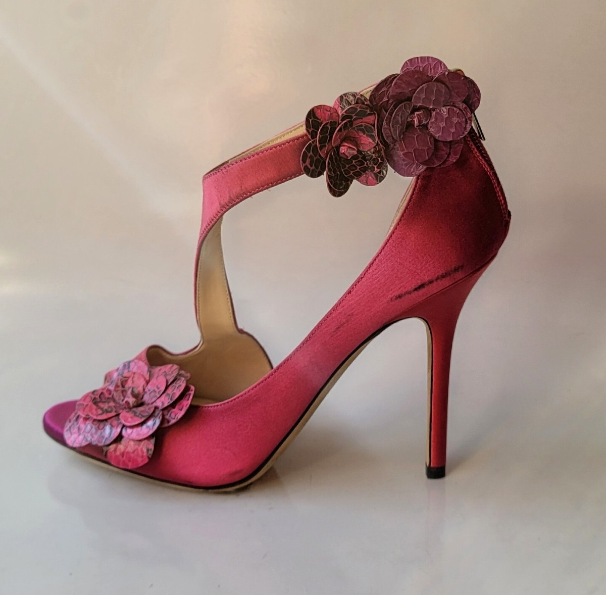 JIMMY CHOO pink red satin US 8 39 open-toe flower stiletto shoes
