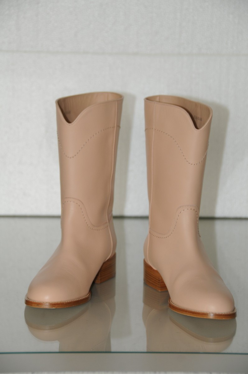 NEW CHANEL Ascot Light Beige Clair Leather Riding Flat BOOTS Big