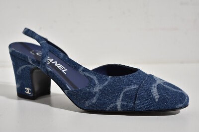 Chanel 23B Coco Sling Dark Blue Denim White CC Logo Slingback