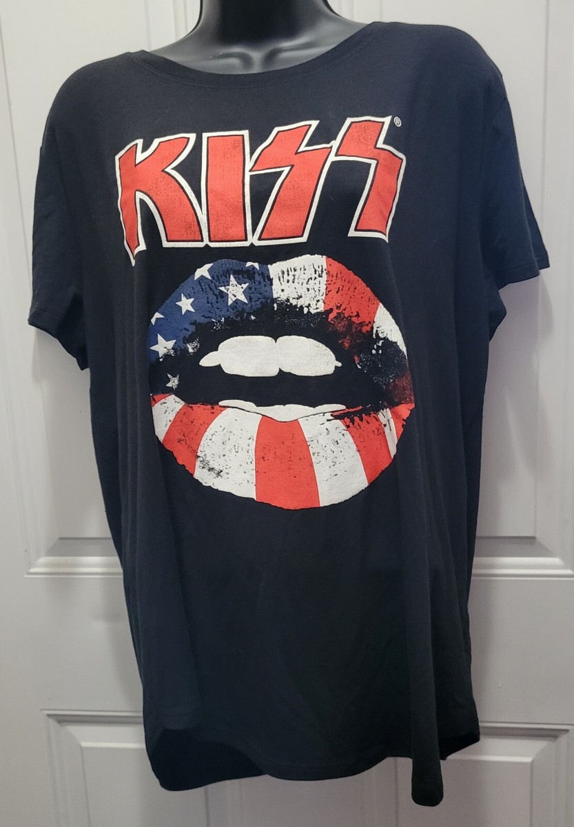 Kiss Women's XL Graphic Tee Band T-shirt Black Red White Blue Flag