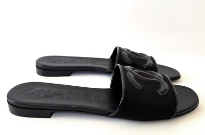NEW 23P CHANEL BLACK MESH LEATHER CC LOGO MULES SLIDES FLATS
