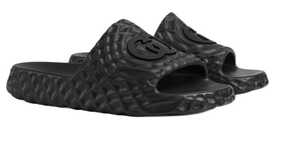 NEW GUCCI MEN CURRENT BLACK RUBBER INTERLOCKING RIPPLES SLIDE